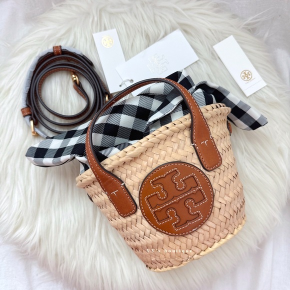 Tory Burch Handbags - NWT Tory Burch Ella Straw Basket Micro Tote Bag Natural Classic Cuoio 82156